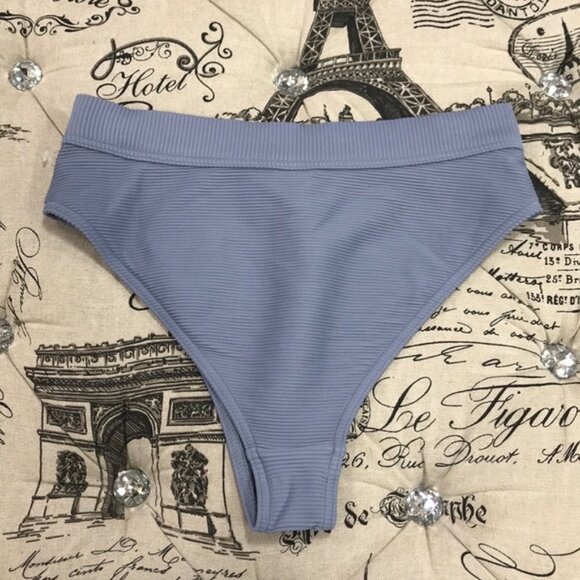 TOPSHOP Blue Ribbed Button High Waist Bikini Bottom - Picture 5 of 6